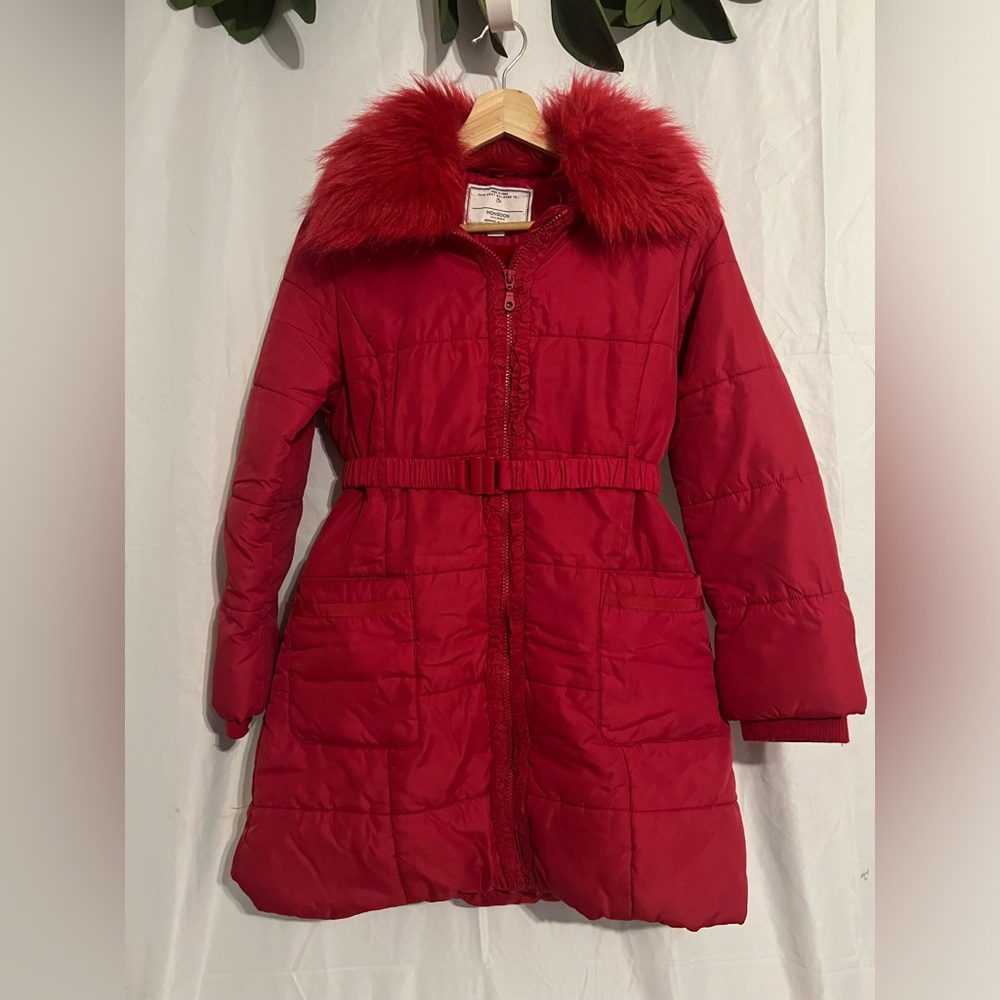 Monsoon R Ruffle padded and hooded coat red